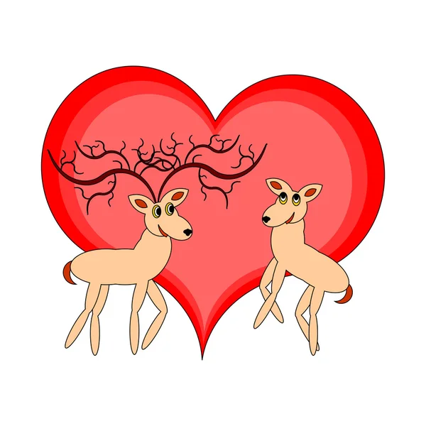 Un par de divertidos ciervos de dibujos animados con un corazón rojo — Archivo Imágenes Vectoriales