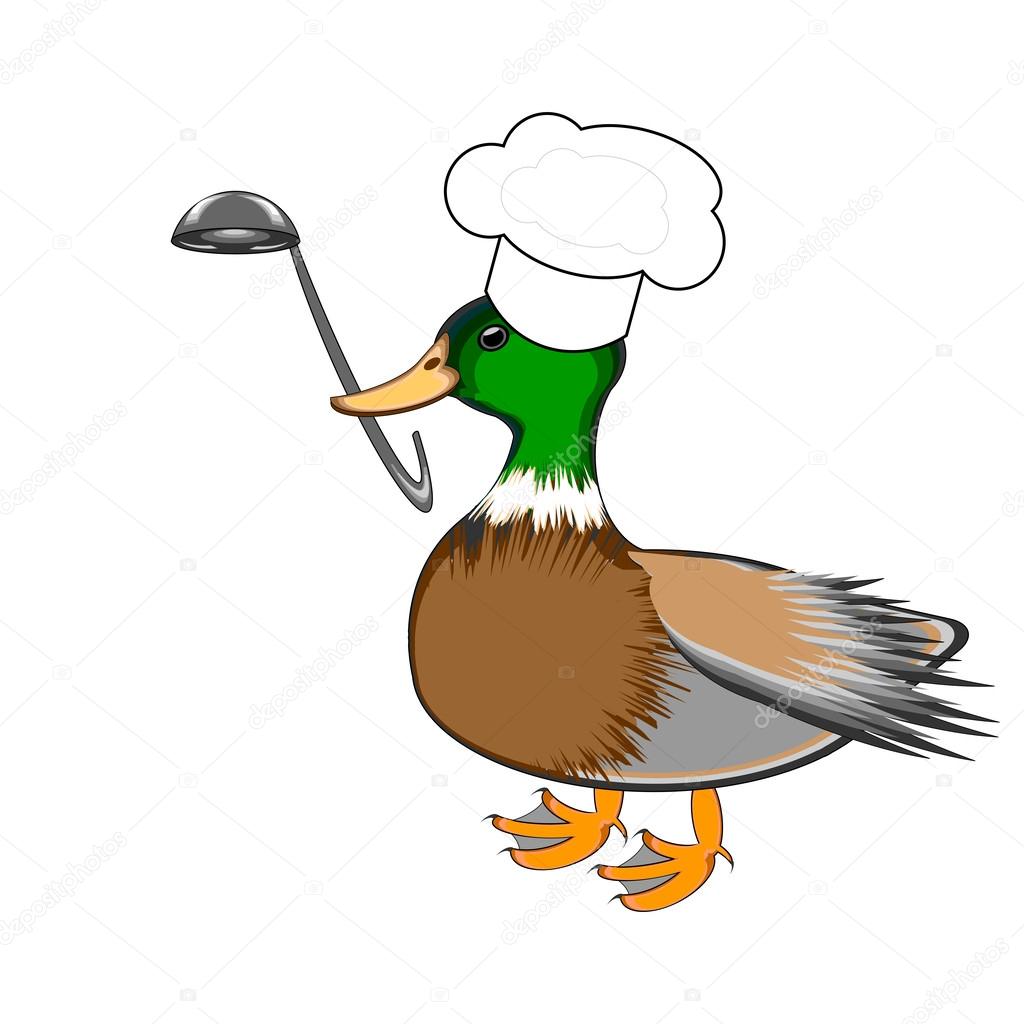 A funny duck with a chef hat and a soup ladle in its beak