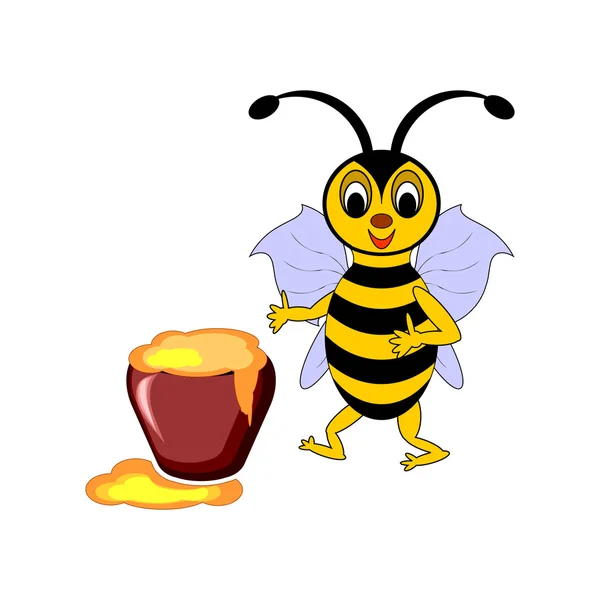 A funny cartoon bee with a pot of honey — Stock Vector