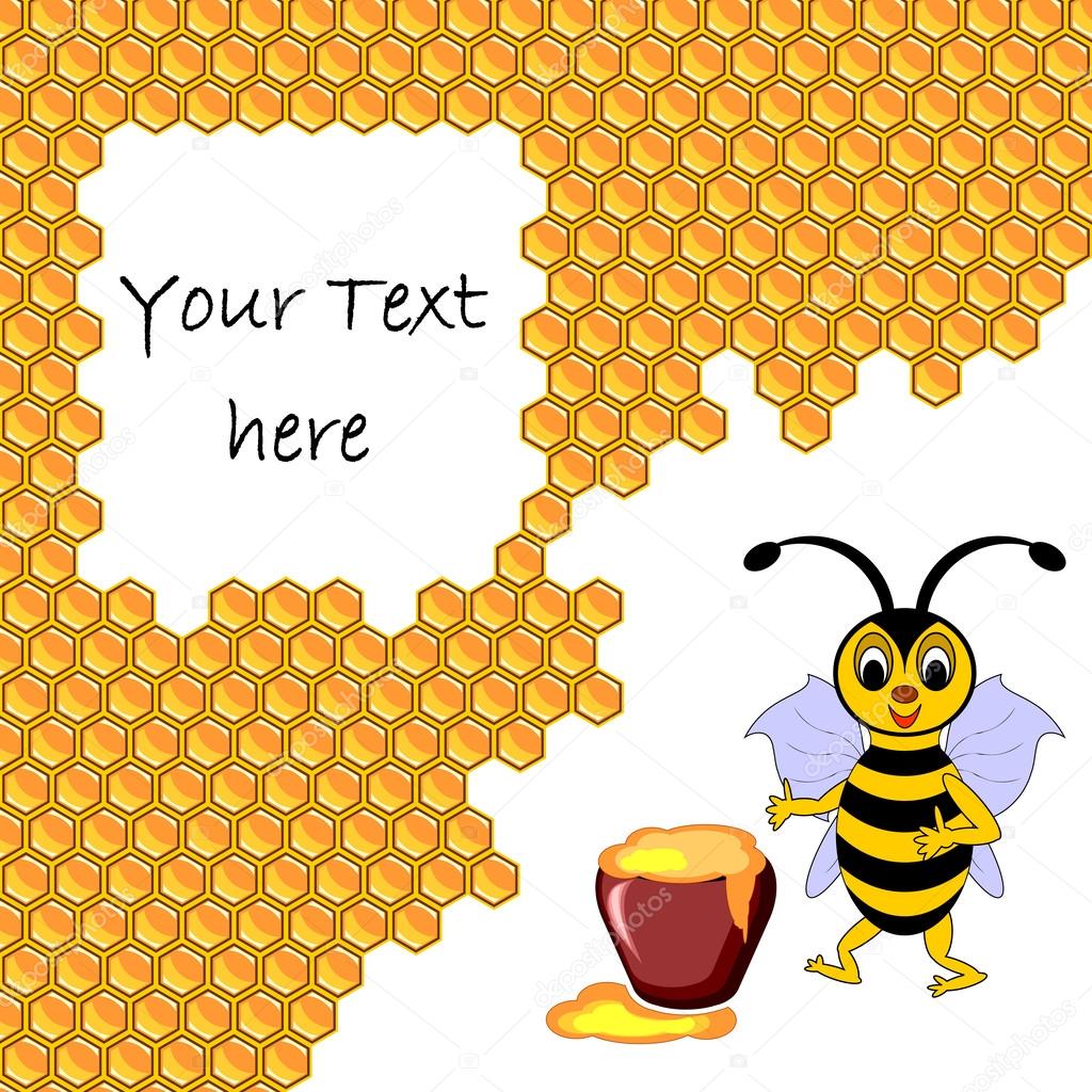 A cute cartoon bee with a honey pot surrounded by honeycombs
