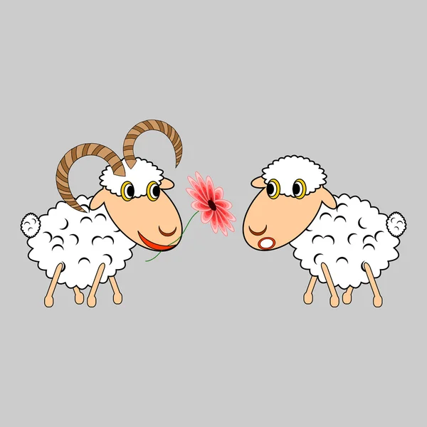 Un bélier présentant un mouton une fleur. Illustration de dessin animé drôle — Image vectorielle