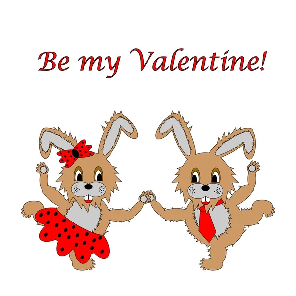 Un par de divertidos conejos de dibujos animados con texto "Sé mi San Valentín". A — Vector de stock