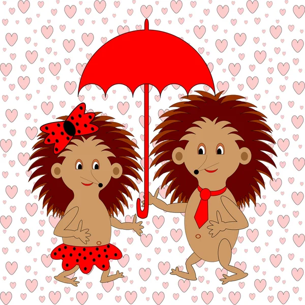 Un Couple De Droles De Herissons De Bande Dessinee Sous Parapluie Rouge Dans La Ra Image Vectorielle Par Amicabel C Illustration