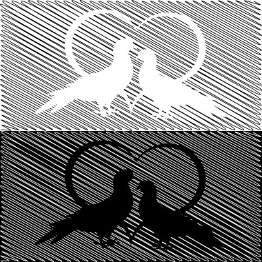 Monochrome silhouette of two doves and a heart. Valentine's day clipart