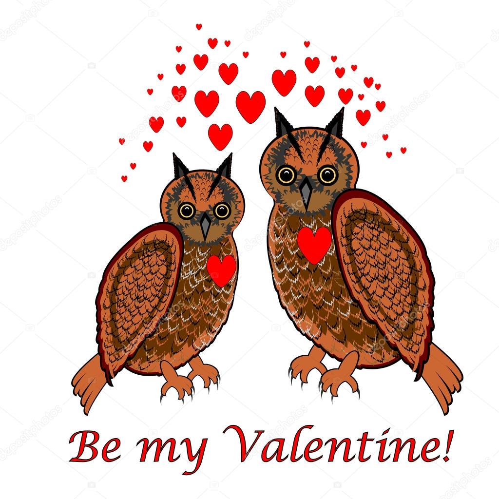 A couple of owls with red hearts and words 