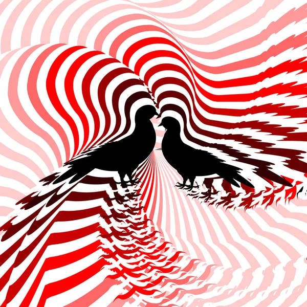 Silueta de dos palomas. Diseño líneas de torsión a rayas de colores — Vector de stock