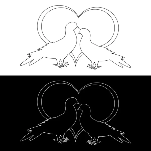 Silueta de contorno monocromo de dos palomas y un corazón — Vector de stock