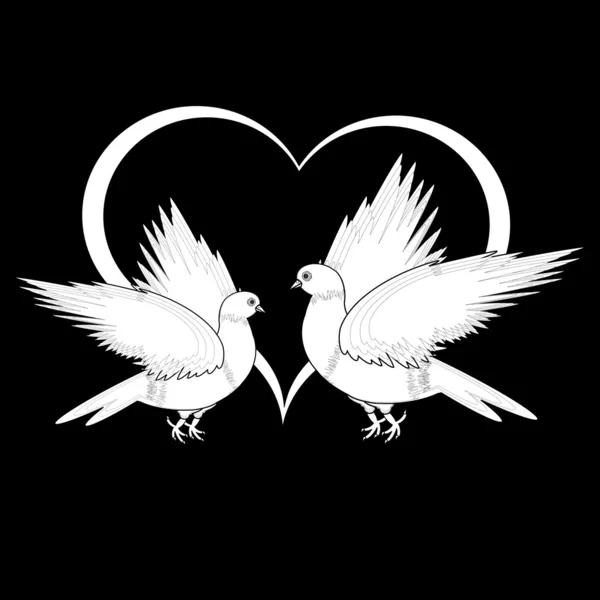 A monochrome sketch of two flying doves and a heart — Stock Vector