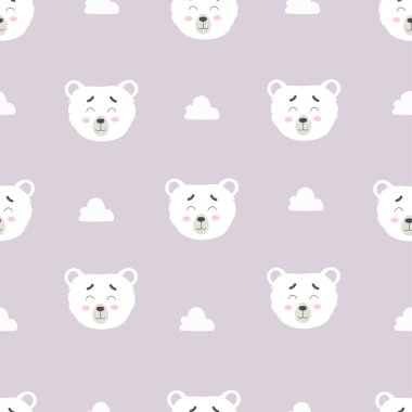 Pembe arka planda, İskandinav tarzında bulutları olan kusursuz ayı deseni.