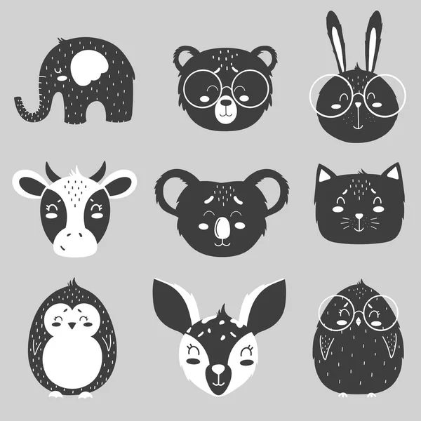 Set Cute Animals Childish Design Scandinavian Style Black Color — Stock Photo, Image