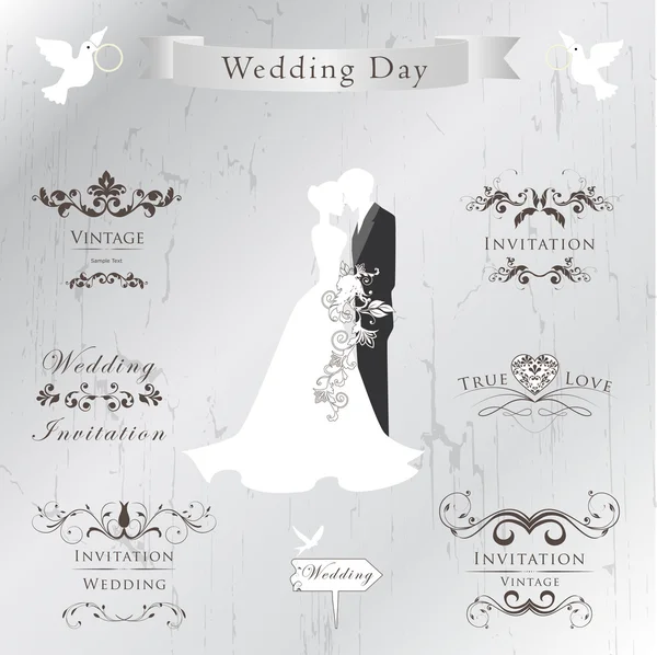 Set of wedding invitation vintage design elements — Stock Vector