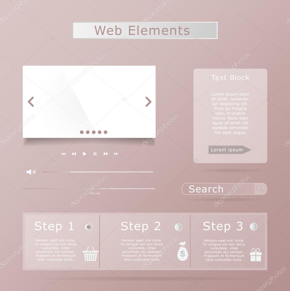 Web elements collection set. Buttons, Sliders, Media Player, Log