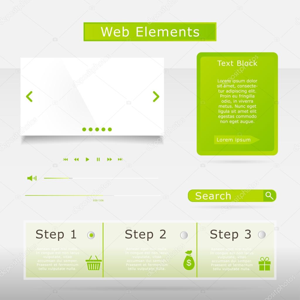 Web elements collection set. Buttons, Sliders, Media Player, Log