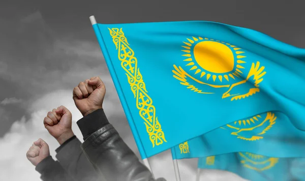 Protests in Kazakhstan. The raised fists of the protesters and the state flags of Kazakhstan in the clouds of white smoke. Fight for human rights. A clenched male fist - a symbol of resistance