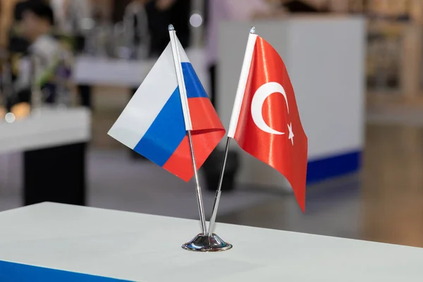 Flags of Russia and Turkey together at some event. Flags of the two countries as a symbol of cooperation between states. Joint business of Turkey and Russia