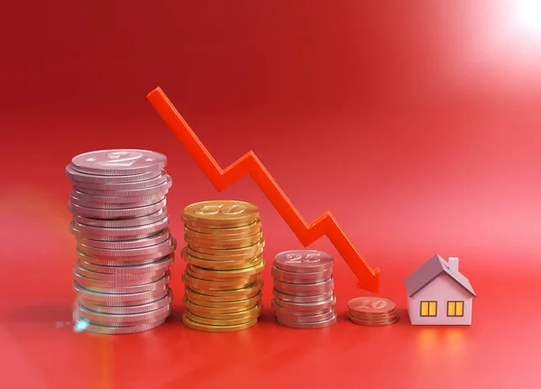 Real estate crisis. Low housing prices. House price drop chart. Red down chart, coins and house. Reduced mortgage rates. 3D rendering. Red down arrow.