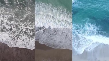 Deniz kıyısının yakınındaki deniz suyunun dikey bir videosunda üç kişi, yavaş çekim.