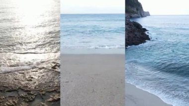 Deniz kıyısının yakınındaki deniz suyunun dikey bir videosunda üç kişi, yavaş çekim.