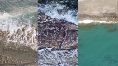 Deniz kıyısının yakınındaki deniz suyunun dikey bir videosunda üç kişi, yavaş çekim.