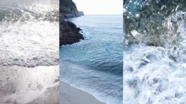 Deniz kıyısının yakınındaki deniz suyunun dikey bir videosunda üç kişi, yavaş çekim.