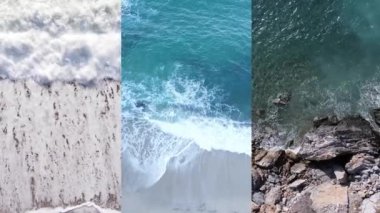 Deniz kıyısının yakınındaki deniz suyunun dikey bir videosunda üç kişi, yavaş çekim.