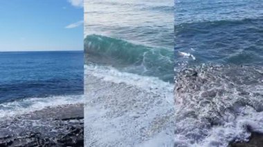 Deniz kıyısının yakınındaki deniz suyunun dikey bir videosunda üç kişi, yavaş çekim.