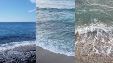 Deniz kıyısının yakınındaki deniz suyunun dikey bir videosunda üç kişi, yavaş çekim.