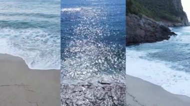 Deniz kıyısının yakınındaki deniz suyunun dikey bir videosunda üç kişi, yavaş çekim.