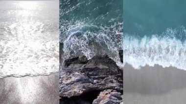 Deniz kıyısının yakınındaki deniz suyunun dikey bir videosunda üç kişi, yavaş çekim.