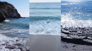 Deniz kıyısının yakınındaki deniz suyunun dikey bir videosunda üç kişi, yavaş çekim.