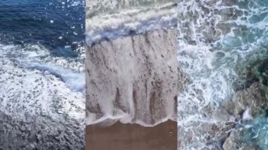 Deniz kıyısının yakınındaki deniz suyunun dikey bir videosunda üç kişi, yavaş çekim.