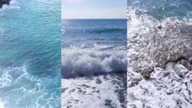 Deniz kıyısının yakınındaki deniz suyunun dikey bir videosunda üç kişi, yavaş çekim.