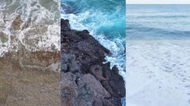 Deniz kıyısının yakınındaki deniz suyunun dikey bir videosunda üç kişi, yavaş çekim.