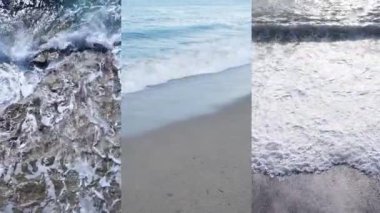 Deniz kıyısının yakınındaki deniz suyunun dikey bir videosunda üç kişi, yavaş çekim.