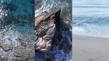 Deniz kıyısının yakınındaki deniz suyunun dikey bir videosunda üç kişi, yavaş çekim.