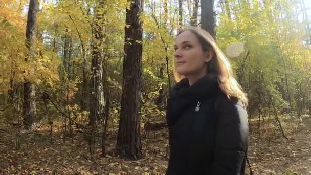 La chica camina por el bosque de otoño — Vídeo de stock