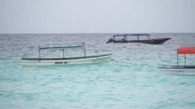 Tanzanya, Zanzibar 'daki Nungwi kıyısında okyanusta tekneler.