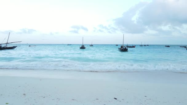 Kustlandschap van Zanzibar, Tanzania - boten bij de kust — Stockvideo