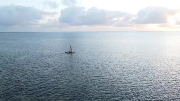 Uitzicht vanuit de lucht op een boot in de oceaan nabij de kust van Zanzibar, Tanzania — Stockvideo