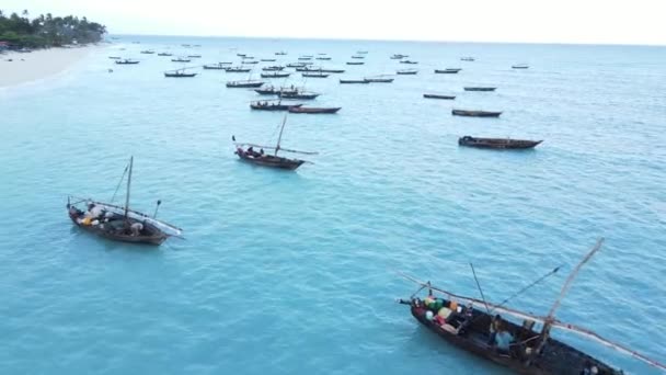 Coastal landscape of Zanzibar, Tanzania - boats near the shore — Stock Video