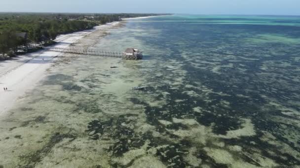 Aerial view of a house on stilts in the ocean on the coast of Zanzibar, Tanzania, slow motion — Stock Video