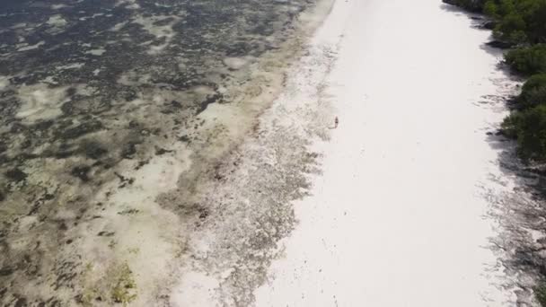 Aerial view of low tide in the ocean near the coast of Zanzibar, Tanzania, slow motion — Stock Video