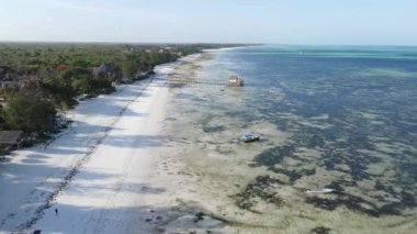 Tanzanya 'nın Zanzibar kıyısındaki okyanusta alçak gelgit manzarası, yavaş çekim