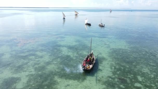 Båtar i havet nära kusten i Zanzibar, Tanzania, slow motion — Stockvideo