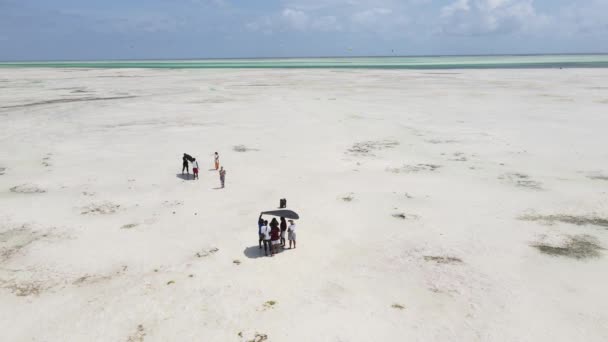 Στα παρασκήνια των γυρισμάτων: γυρίσματα ενός μουσικού βίντεο σε χαμηλή παλίρροια στον ωκεανό στα ανοικτά των ακτών της Ζανζιβάρης, Τανζανία, αργή κίνηση — Αρχείο Βίντεο