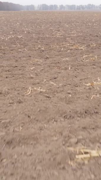 Verticale video van een veld met geploegd land in de herfst, slow motion — Stockvideo