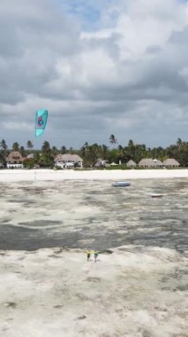 Tanzanya 'nın Zanzibar kıyısındaki okyanusta alçak gelgitin dikey videosu