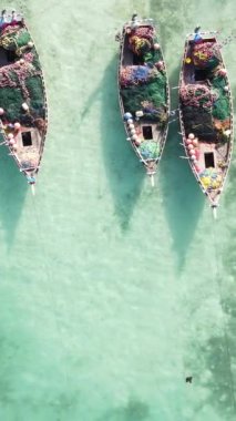 Tanzanya 'nın Zanzibar kıyısındaki okyanusta dikey video tekneleri