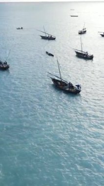 Tanzanya 'nın Zanzibar kıyısındaki okyanusta dikey video tekneleri