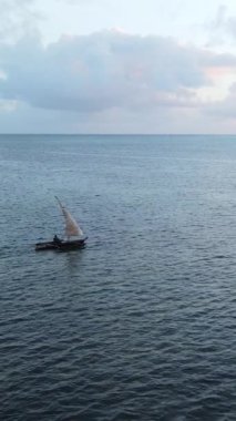 Tekne, okyanustaki tekneler Zanzibar, Tanzanya kıyısı, yavaş çekim, dikey video